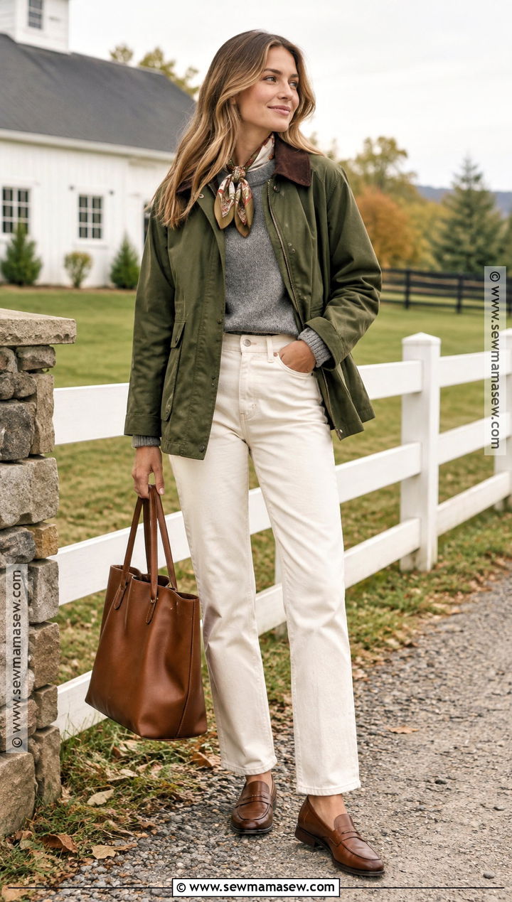Fall Barn Jacket and White Jeans Outfit - 30 fall outfit ideas