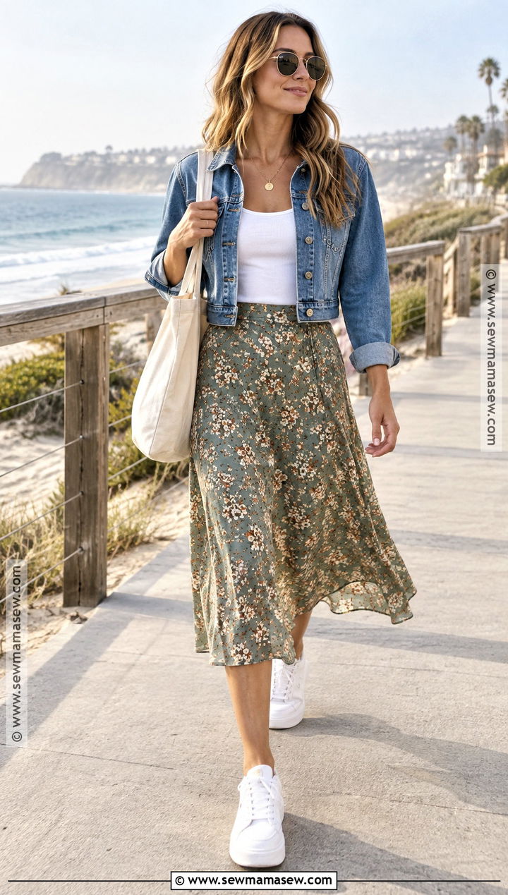 Fall Beach Denim Jacket And Midi Skirt Outfit - 15 Fall Beach Clothes