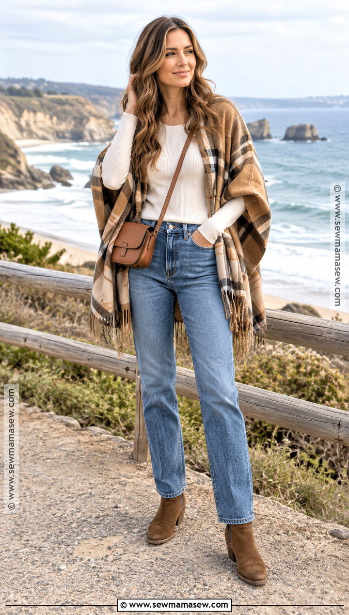 Fall Beach Poncho And Straight Leg Jeans Outfit - 15 Fall Beach Clothes