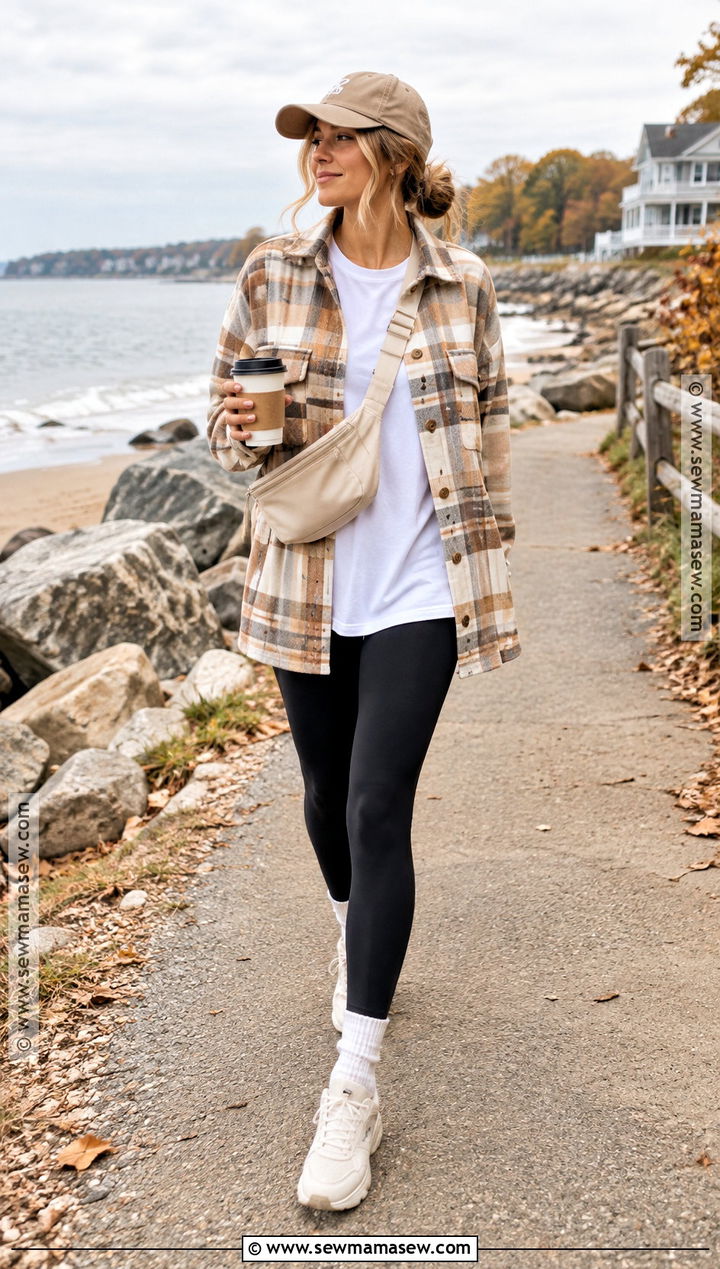 Fall Beach Shacket And Leggings Outfit - 15 Fall Beach Clothes