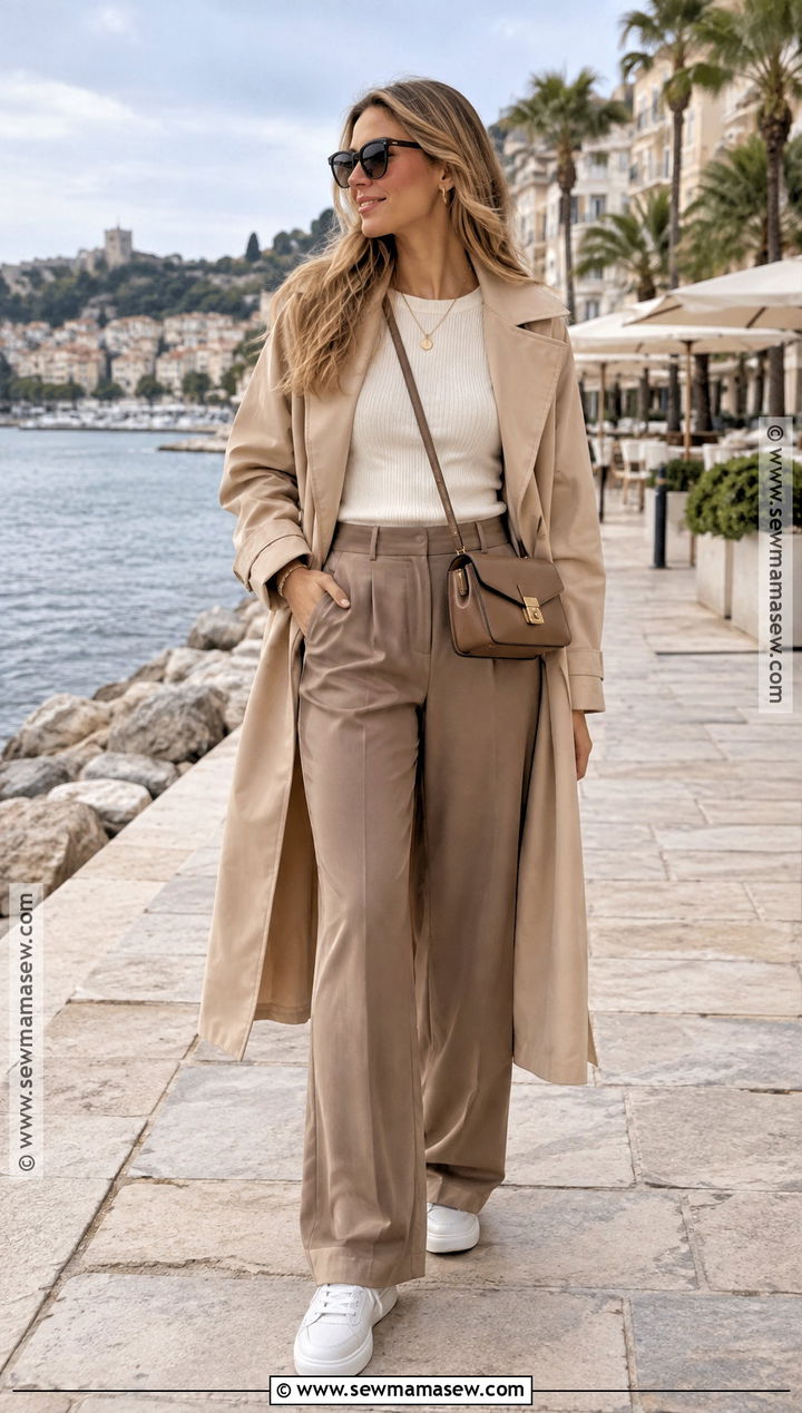 Fall Beach Trench Coat And Wide Leg Pants Outfit - 15 Fall Beach Clothes