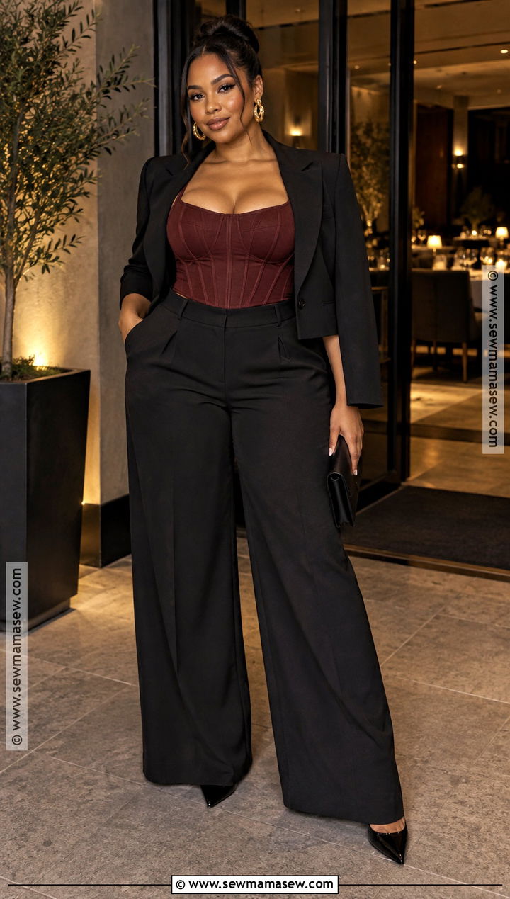 Fall Birthday Dinner Corset Top And Wide Leg Pants Outfit - 15 Bday Outfit Ideas Dinner Fall