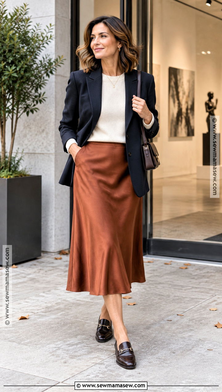 Fall Blazer And Satin Midi Skirt Outfit - 15 Fall Clothing Ideas For Women Over 40
