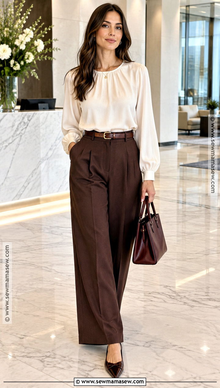 Fall Blouse and Chocolate Brown Pants Outfit - 20 Fall Staple Wardrobe Ideas