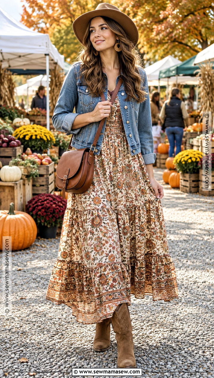 Fall Boho Floral Maxi Dress With Western Boots - 15 Fall Flower Dress Outfit Ideas