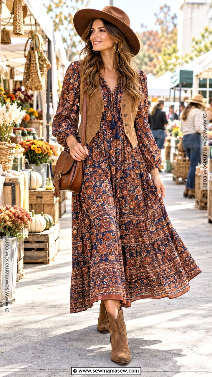 Fall Boho Maxi Dress With Vest And Western Boots - 20 dress outfits fall
