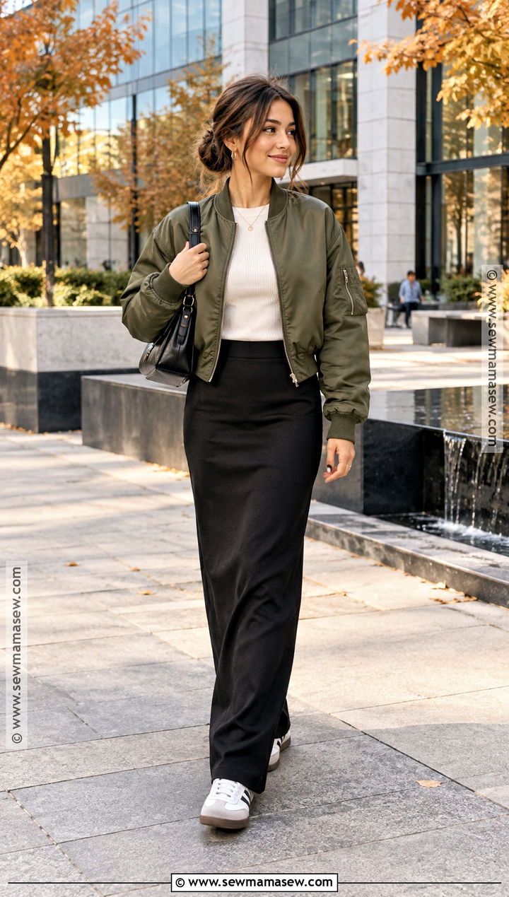Fall Bomber Jacket And Maxi Skirt Outfit - 25 fall vibes outfit ideas