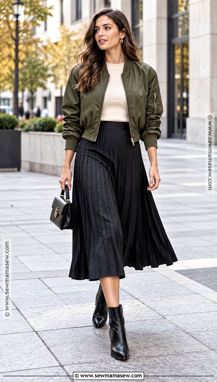 Fall Bomber Jacket Outfit With A Midi Skirt - 15 casual chic style fall ideas