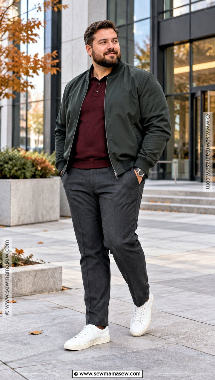 Fall Bomber Jacket With Knit Polo And Trousers - 15 mens plus size fall fashion ideas