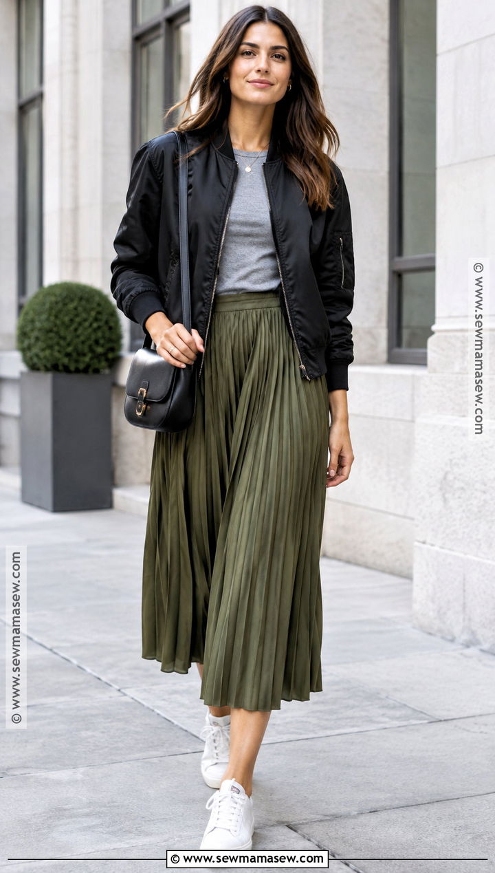 Fall Bomber Jacket and Pleated Skirt Outfit - 25 fall street style ideas