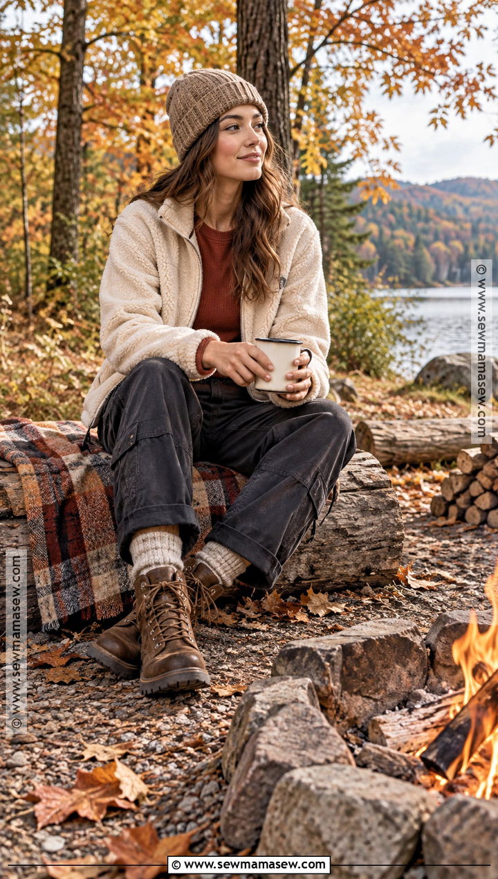 Fall Bonfire Outfit With Fleece Jacket And Cargo Jeans - 20 Outdoor Fall Outfits for Women