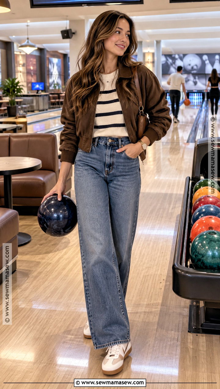 Fall Bowling Date Outfit With Striped Sweater And Wide Leg Jeans - 20 cute fall date outfits