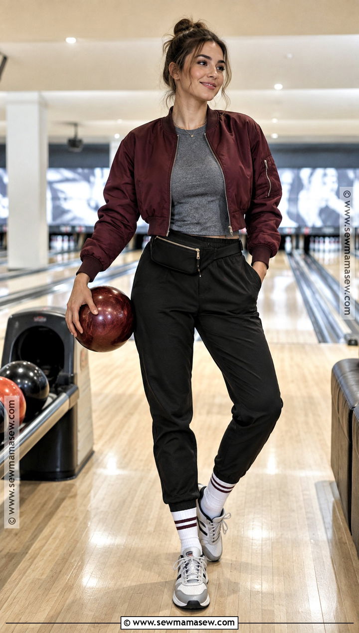 Fall Bowling Outfit With A Bomber Jacket And Track Pants - 15 fall bowling outfit ideas