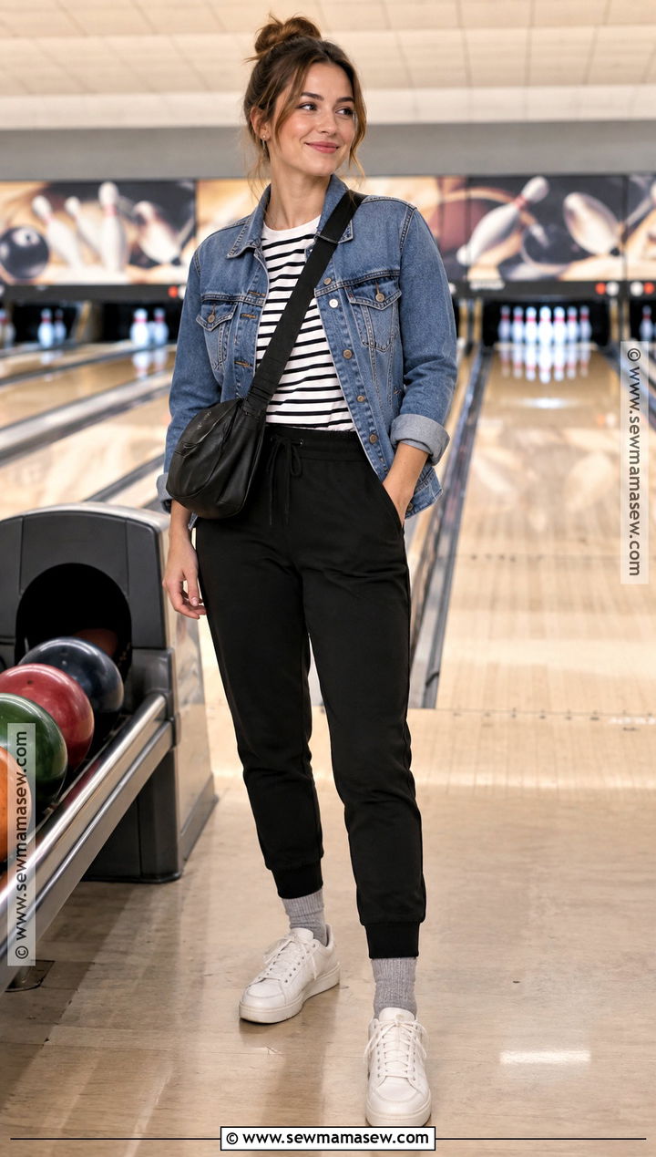 Fall Bowling Outfit With A Denim Jacket And Joggers - 15 fall bowling outfit ideas