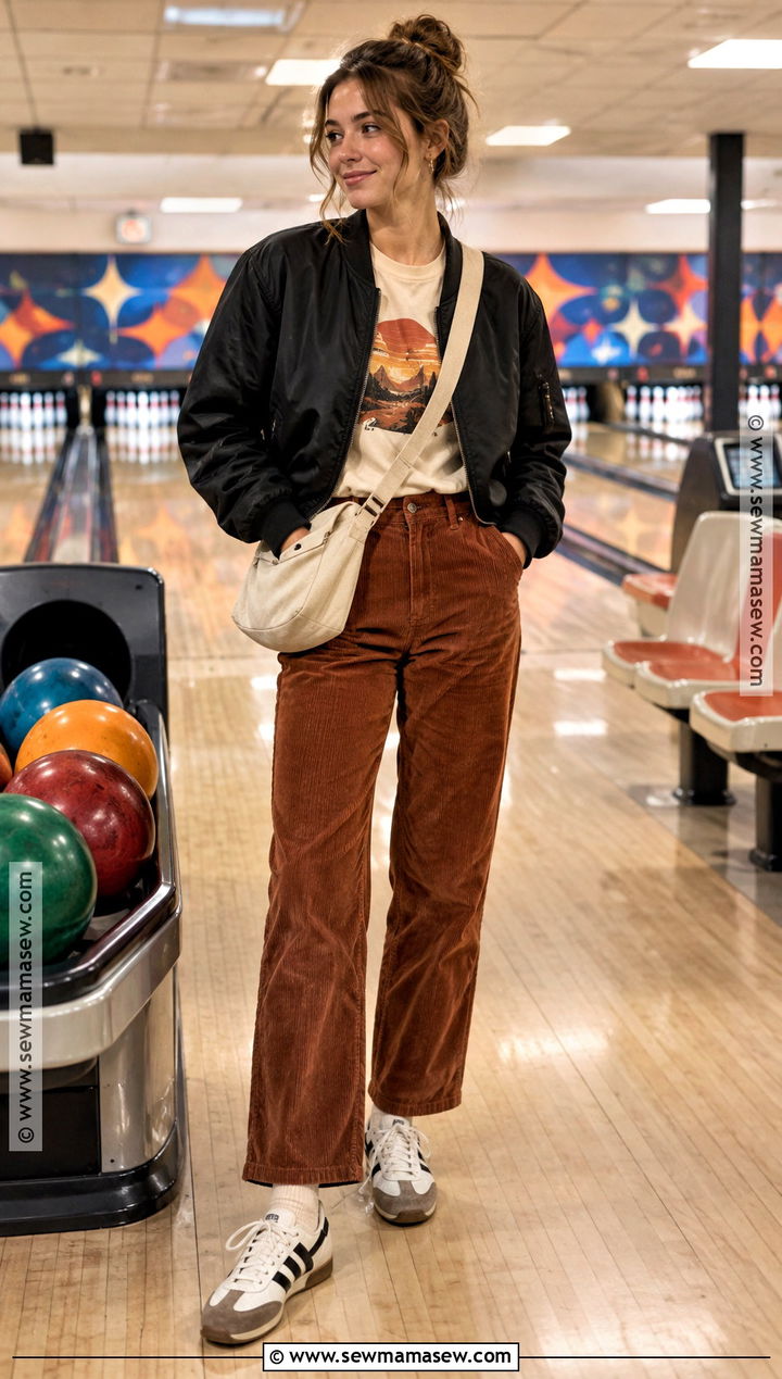 Fall Bowling Outfit With A Graphic Tee And Corduroy Pants - 15 fall bowling outfit ideas