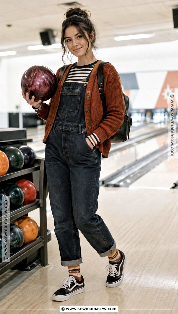 Fall Bowling Outfit With Overalls And A Striped Top - 15 fall bowling outfit ideas