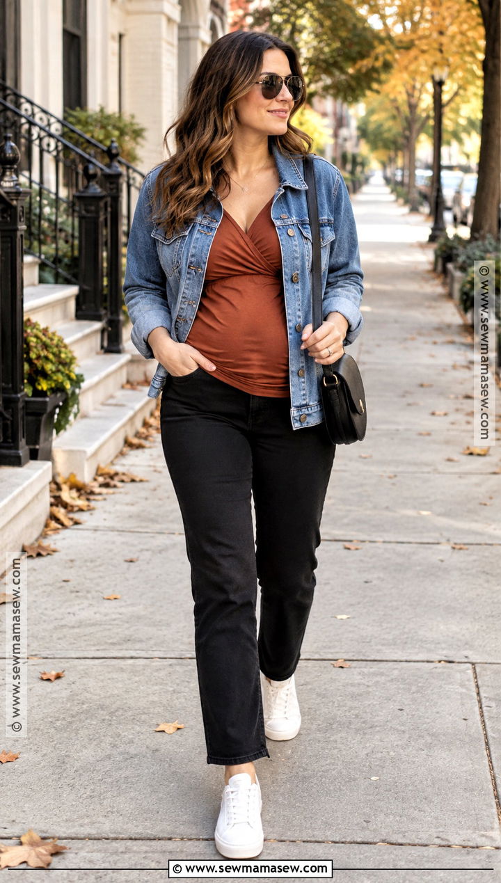 Fall Breastfeeding Outfit With Denim Jacket And Black Jeans - 20 Fall Breastfeeding Outfits