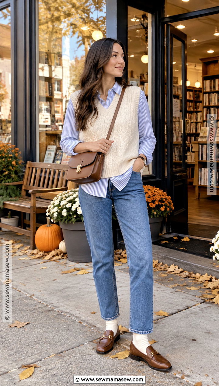 Fall Breastfeeding Outfit With Sweater Vest And Jeans - 20 Fall Breastfeeding Outfits
