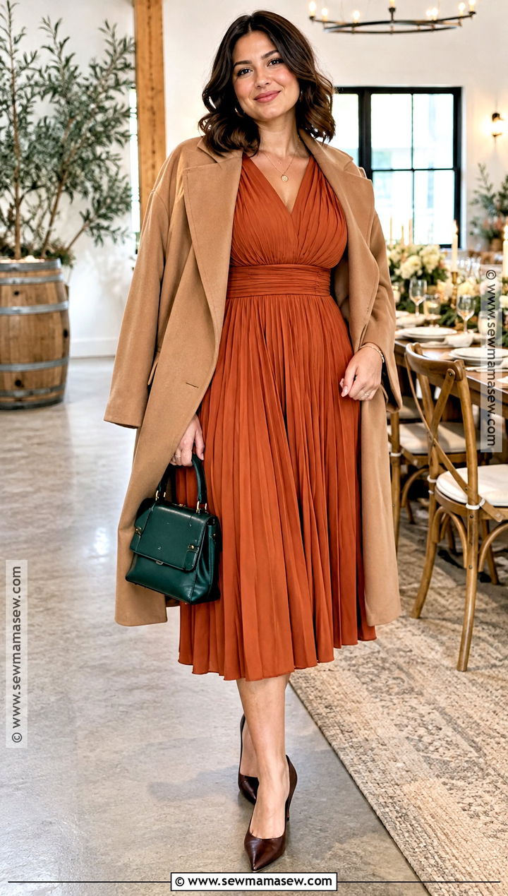 Fall Bridal Shower Burnt Orange Midi Dress Outfit - 25 fall bridal shower outfit for guest ideas