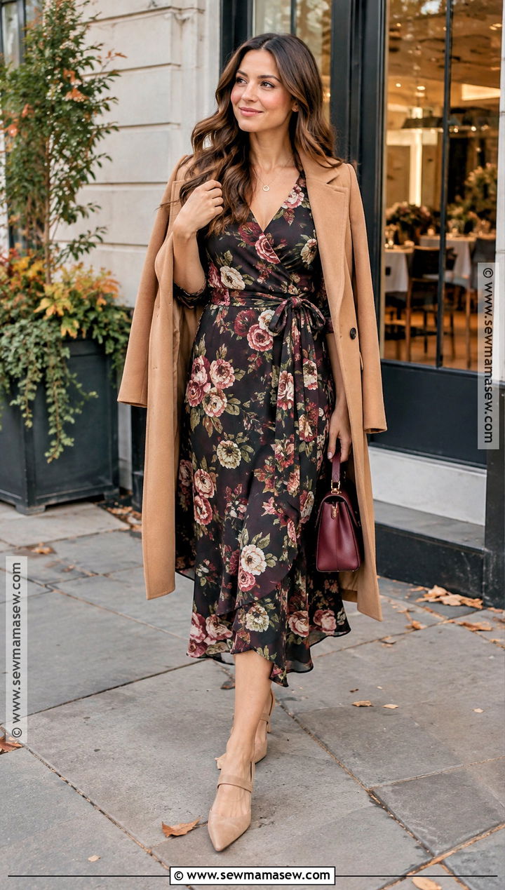 Fall Bridal Shower Chocolate Floral Wrap Dress Outfit - 25 fall bridal shower outfit for guest ideas