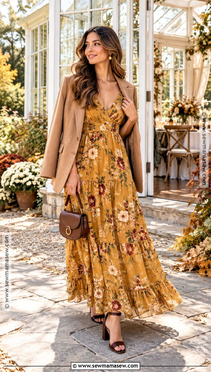 Fall Bridal Shower Mustard Floral Maxi Dress Outfit - 25 fall bridal shower outfit for guest ideas