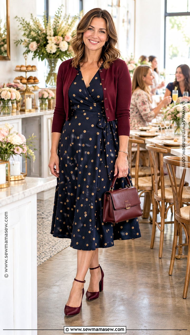 Fall Bridal Shower Navy Polka Dot Midi Dress Outfit - 25 fall bridal shower outfit for guest ideas