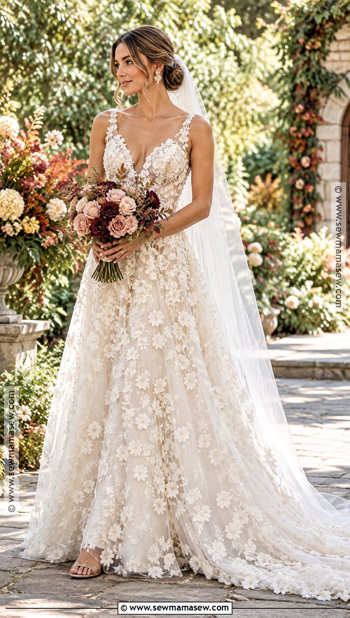 Fall Bride Floral Applique Wedding Gown - 15 Fall Wedding Looks Bride