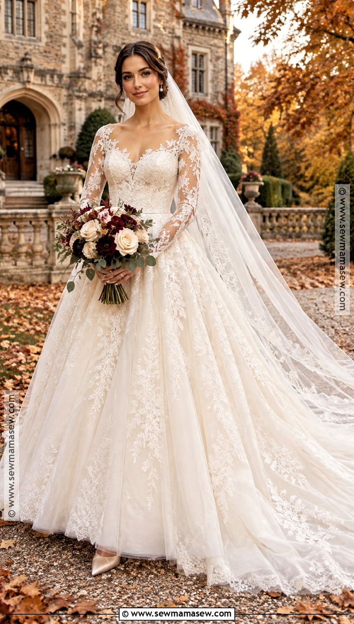 Fall Bride Long Sleeve Lace Ball Gown - 15 Fall Wedding Looks Bride