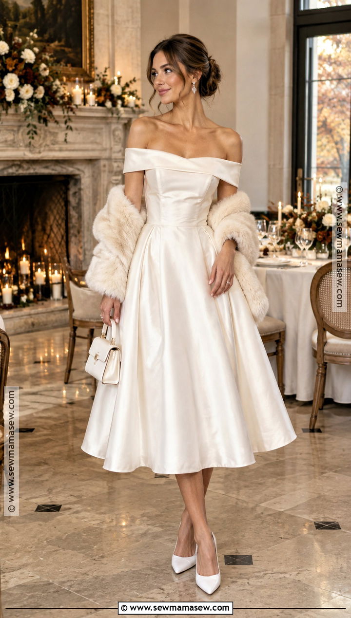 Fall Bride Off Shoulder Midi Dress Outfit - 15 fall wedding reception outfit bride ideas