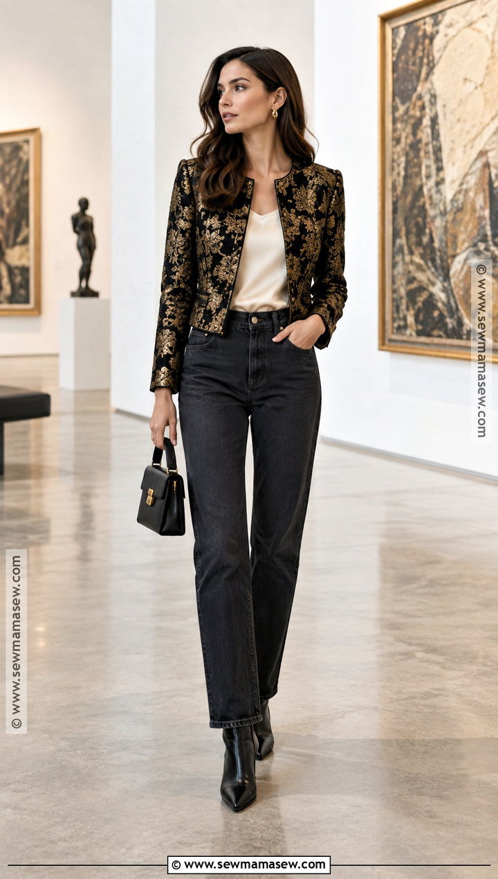Fall Brocade Jacket And Dark Denim - 15 Fall Outfits High Fashion