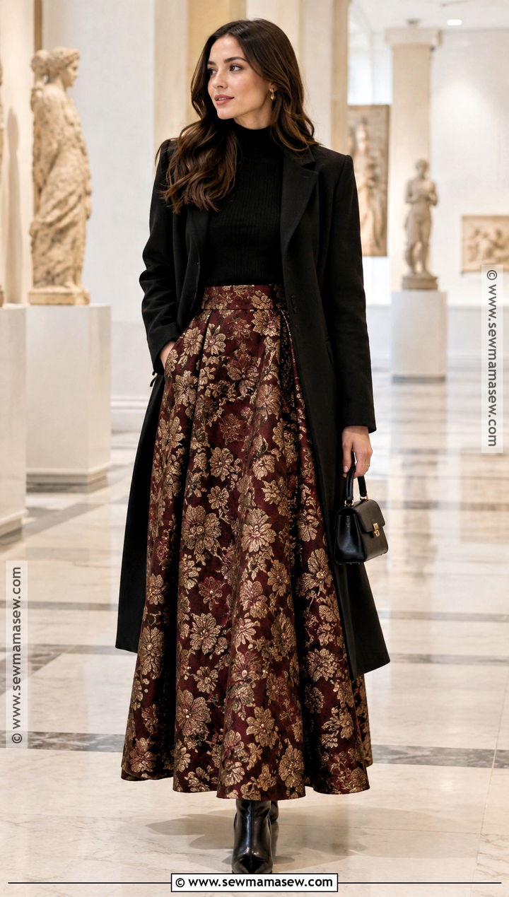 Fall Brocade Maxi Skirt With Fitted Knit And Heels - 15 maxi skirts fall