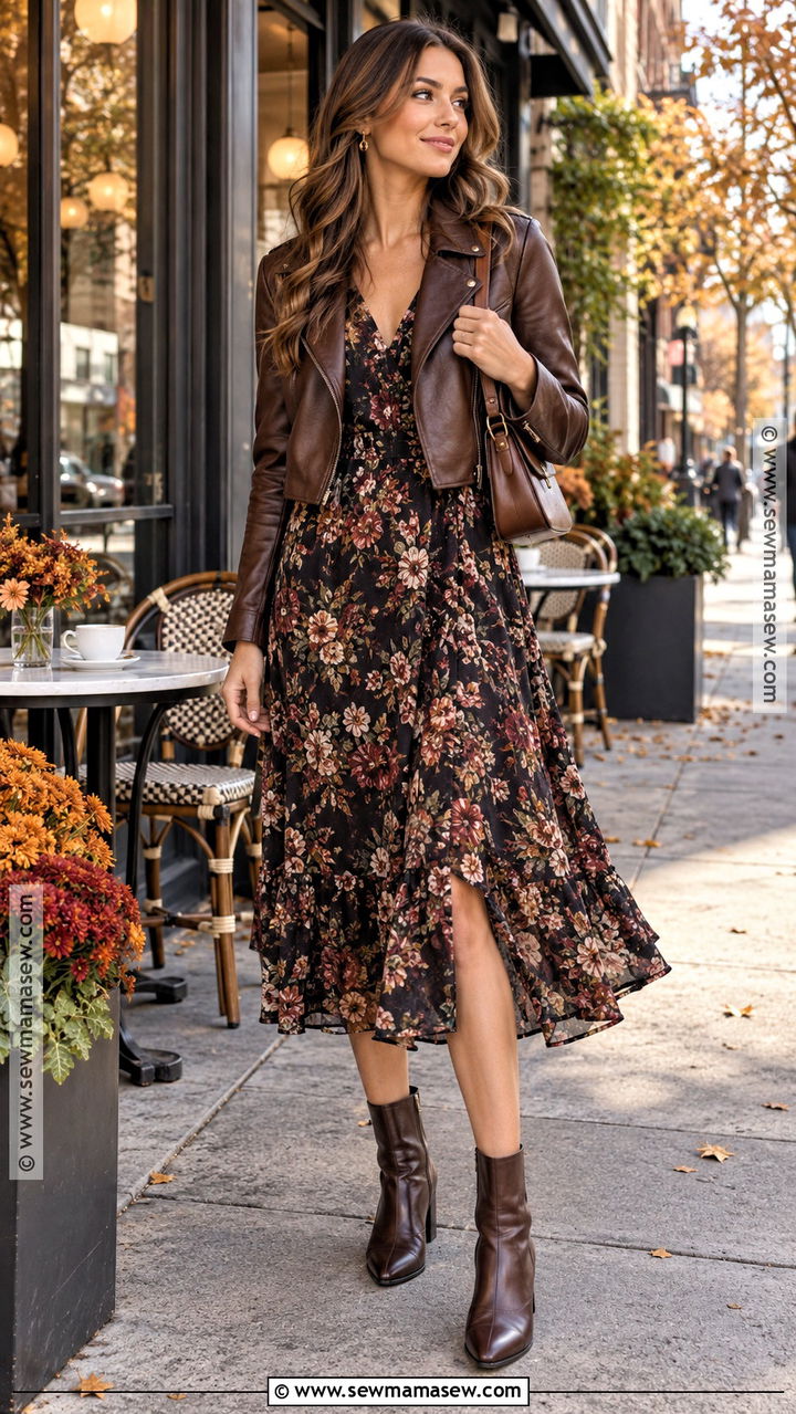Fall Brunch Leather Jacket And Floral Dress Outfit - 20 Fall Brunch Outfit Ideas