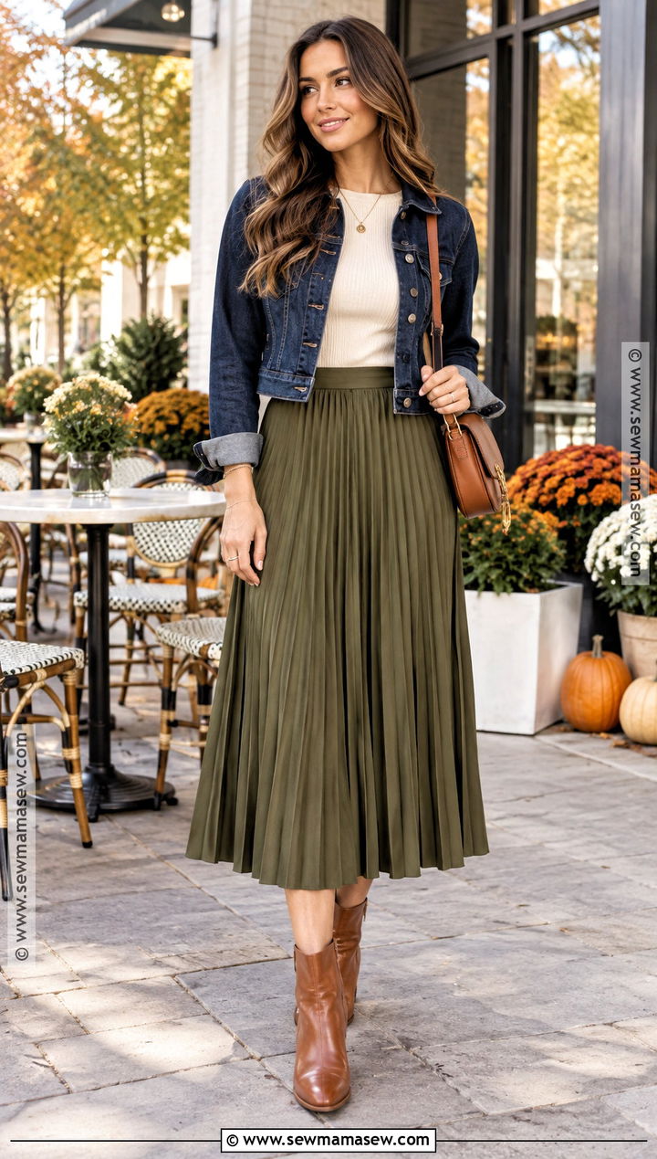 Fall Brunch Midi Skirt And Denim Jacket Outfit - 20 Fall Brunch Outfit Ideas