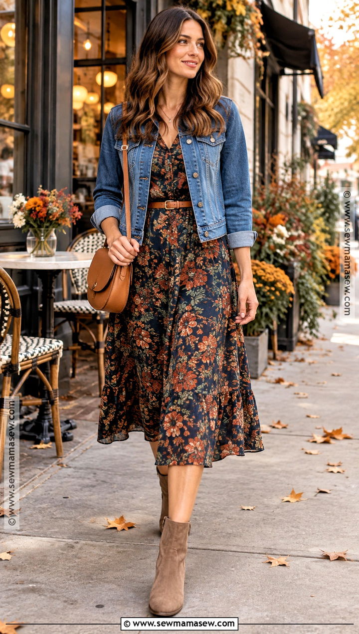 Fall Brunch Outfit With Floral Midi Dress And Denim Jacket - 15 fall casual brunch outfit ideas