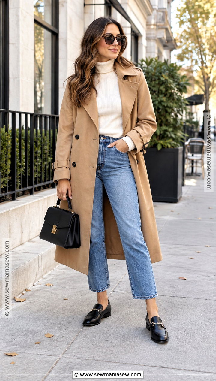 Fall Brunch Outfit With Trench Coat And Cropped Jeans - 15 fall casual brunch outfit ideas