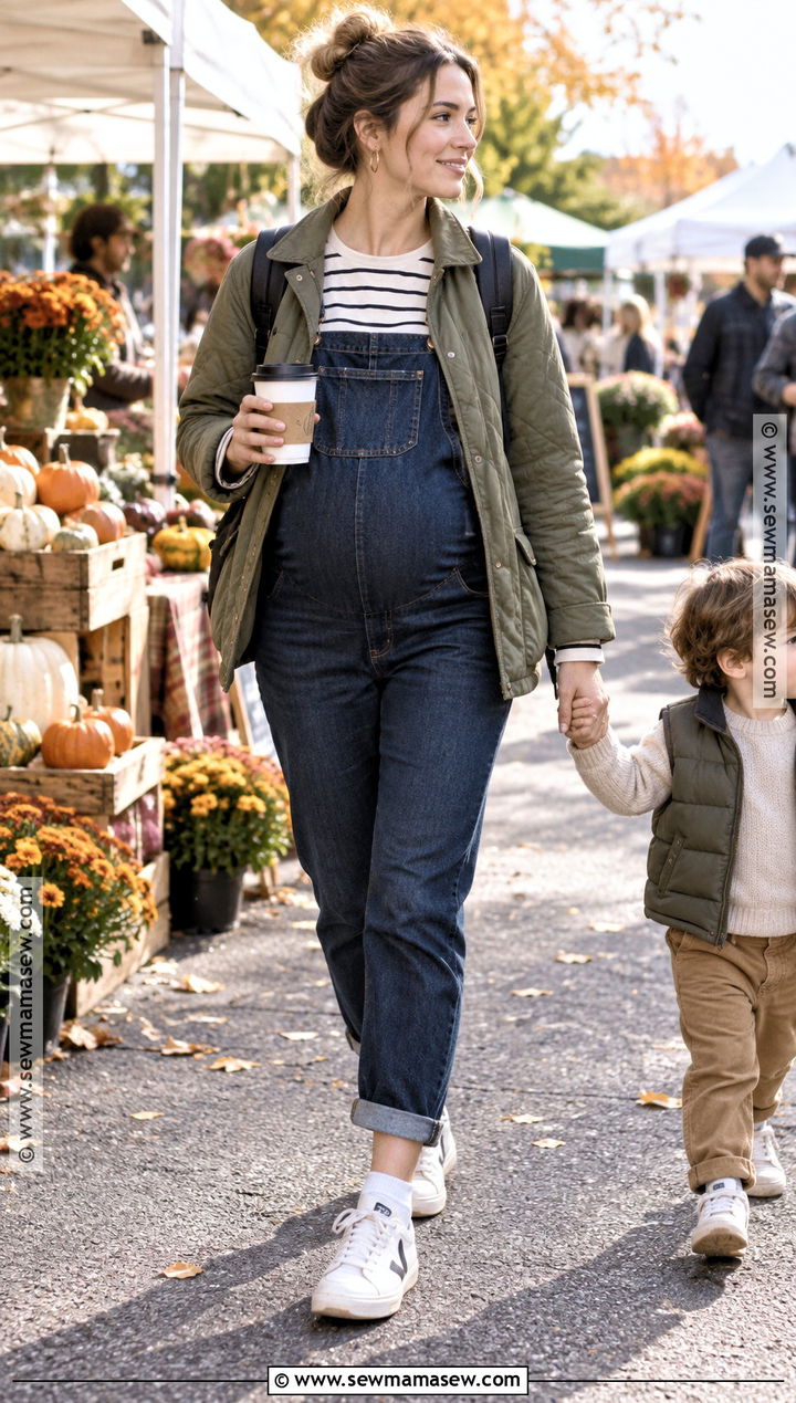 Fall Bump Outfit With Overalls Long Sleeve Tee and Sneakers - 15 bump outfits fall