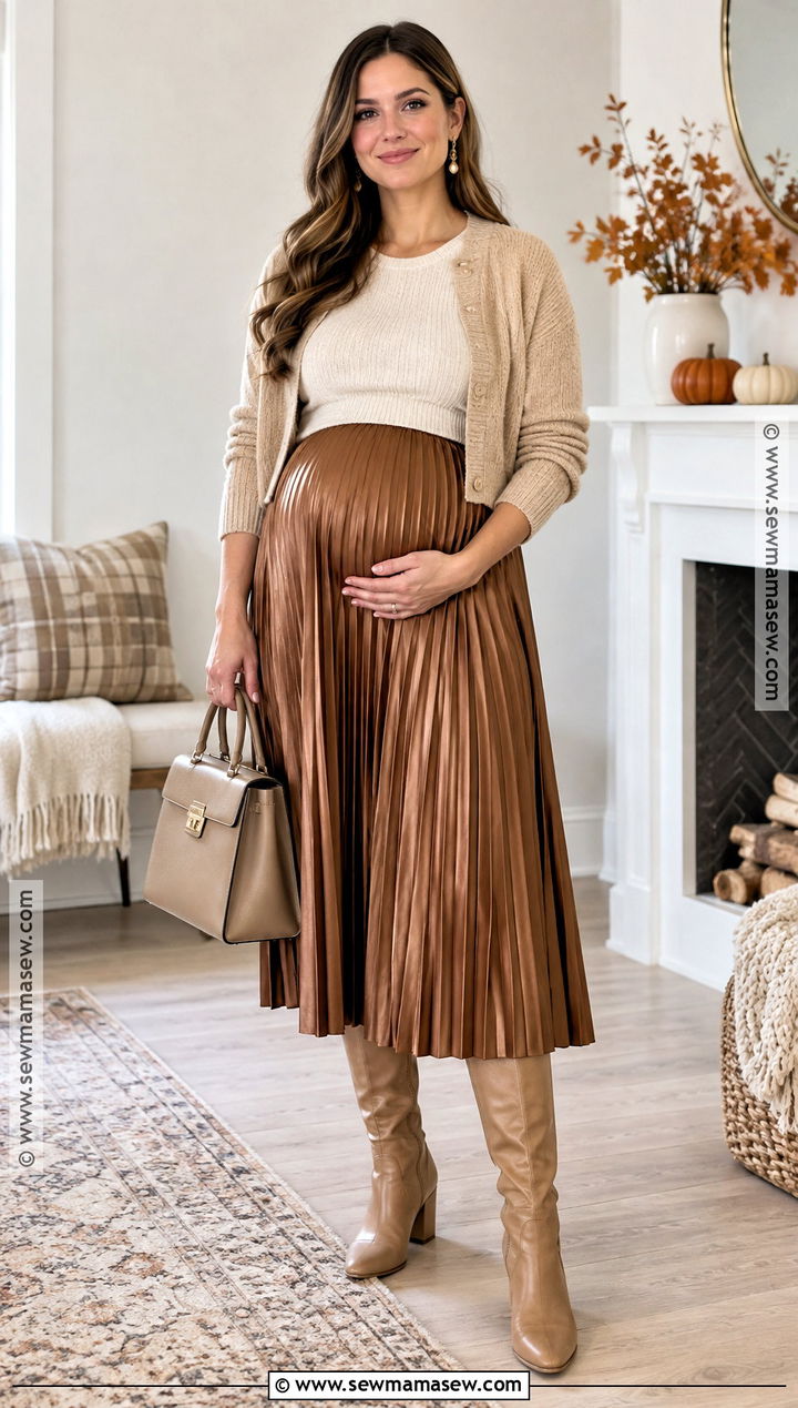 Fall Bump Outfit With Pleated Skirt Sweater and Tall Boots - 15 bump outfits fall