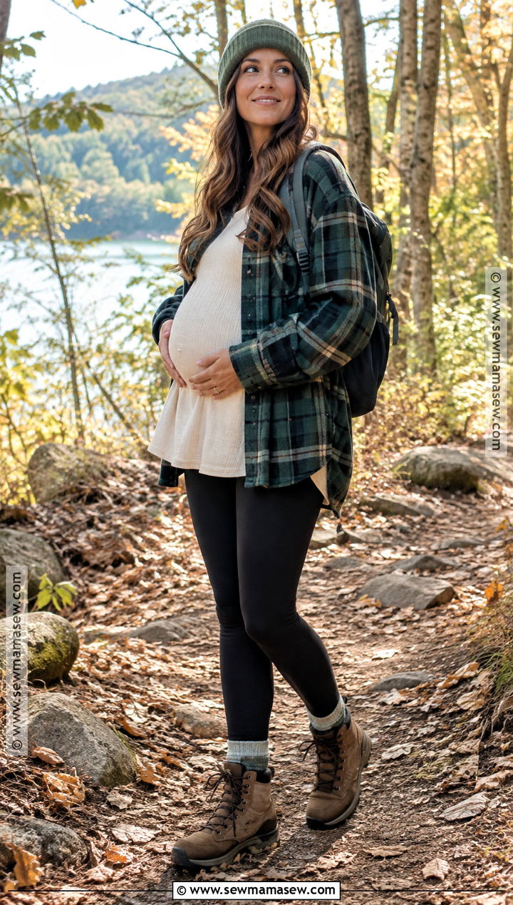 Fall Bump Outfit With Shacket Leggings and Hiking Boots - 15 bump outfits fall