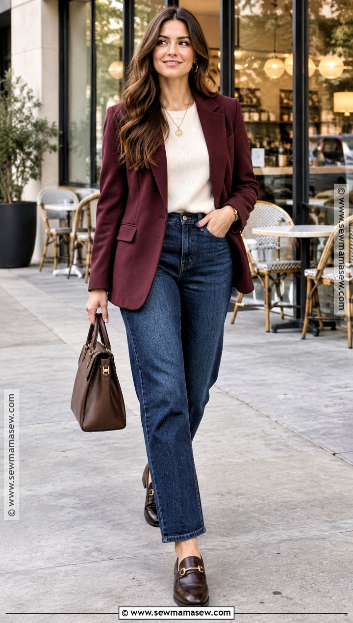 Fall Burgundy Blazer And Jeans Outfit - 20 Outfits Inspo Fall