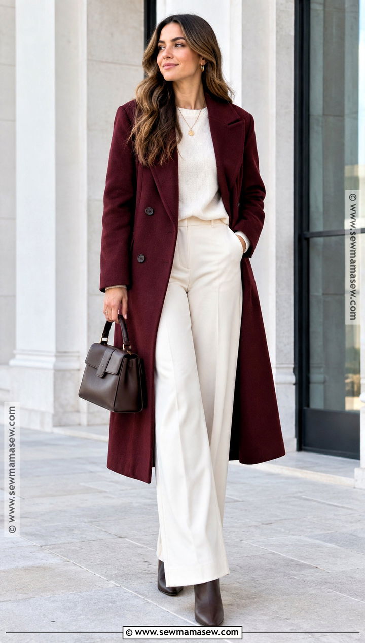 Fall Burgundy Coat And Cream Pants Outfit - 25 fall inspired outfits