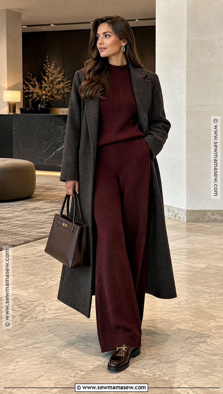 Fall Burgundy Outfit With Knit Trousers - 15 Fall Clothing Inspiration Ideas