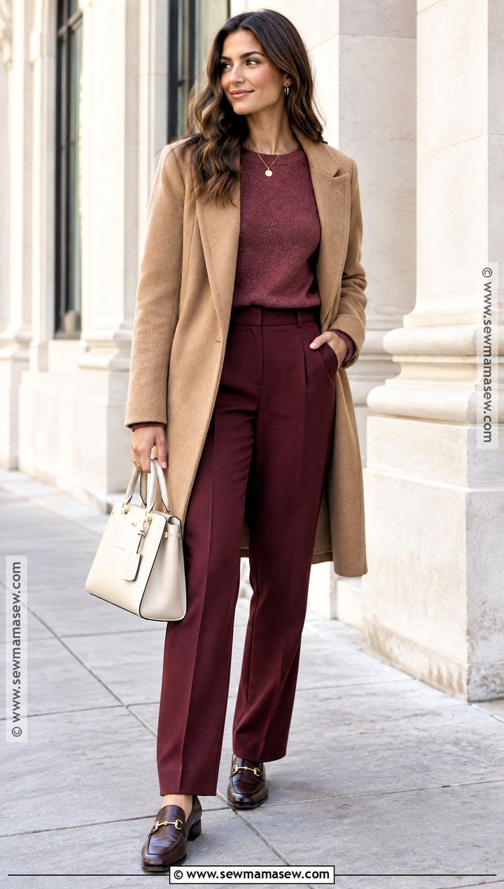 Fall Burgundy Outfit With Trousers And A Sweater - 20 Dressy Casual Outfits Fall