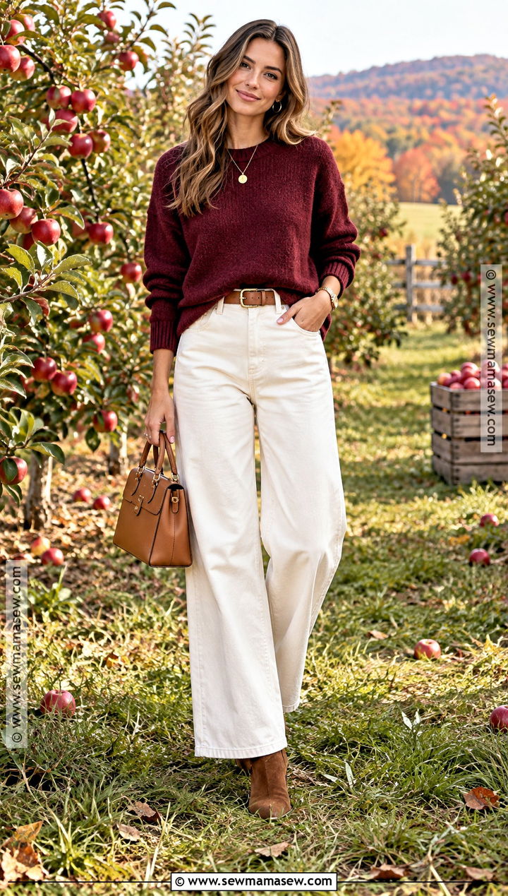 Fall Burgundy Sweater And Cream Pants Outfit - 20 fall pics outfits