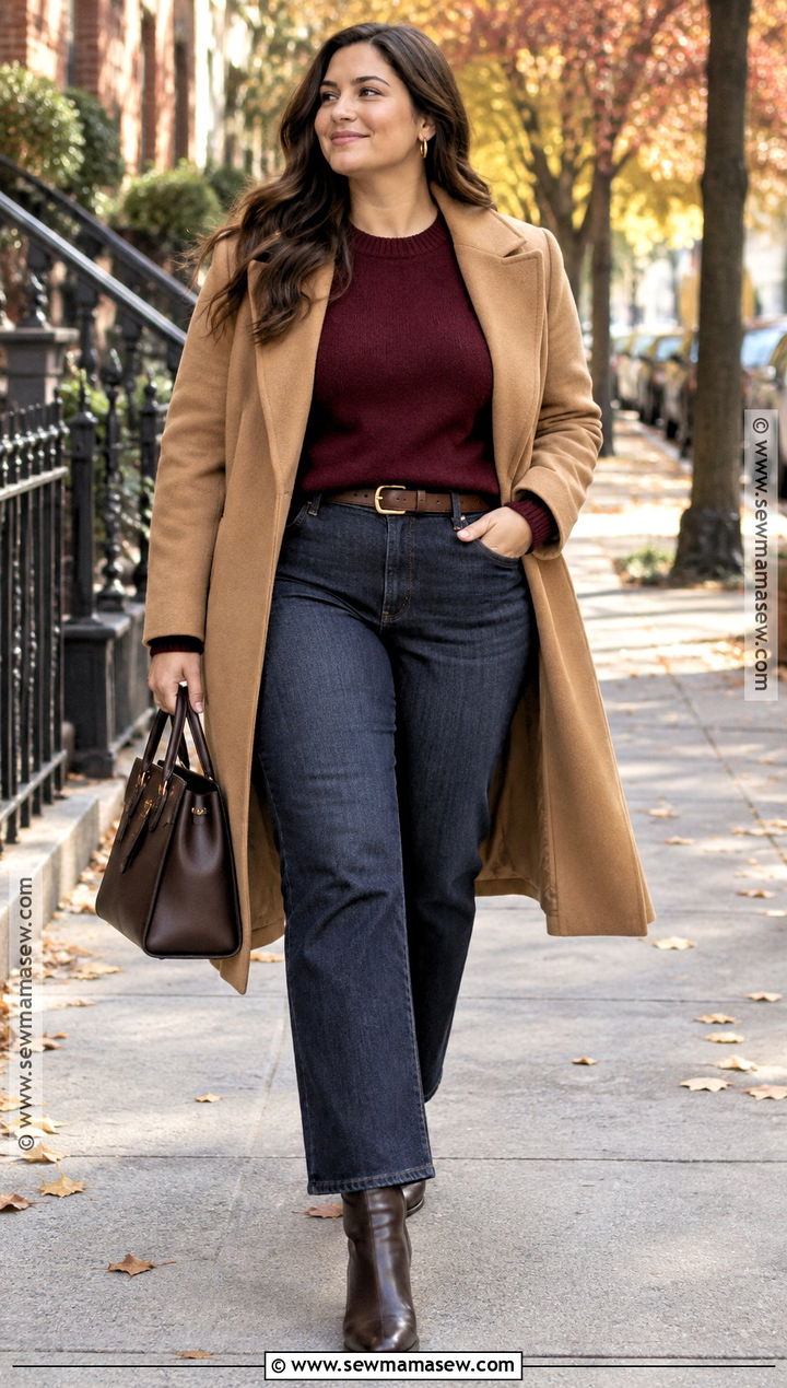 Fall Burgundy Sweater And Dark Denim Outfit - 20 fits for fall