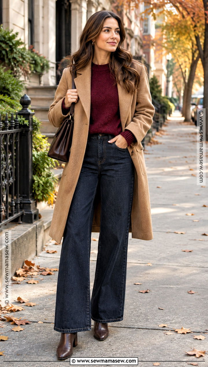 Fall Burgundy Sweater And Wide Leg Jeans Outfit - 15 Fall Fashion Ideas 2026