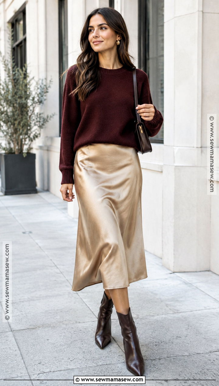Fall Burgundy Sweater With Satin Midi Skirt - 15 fall fits aesthetic 2026