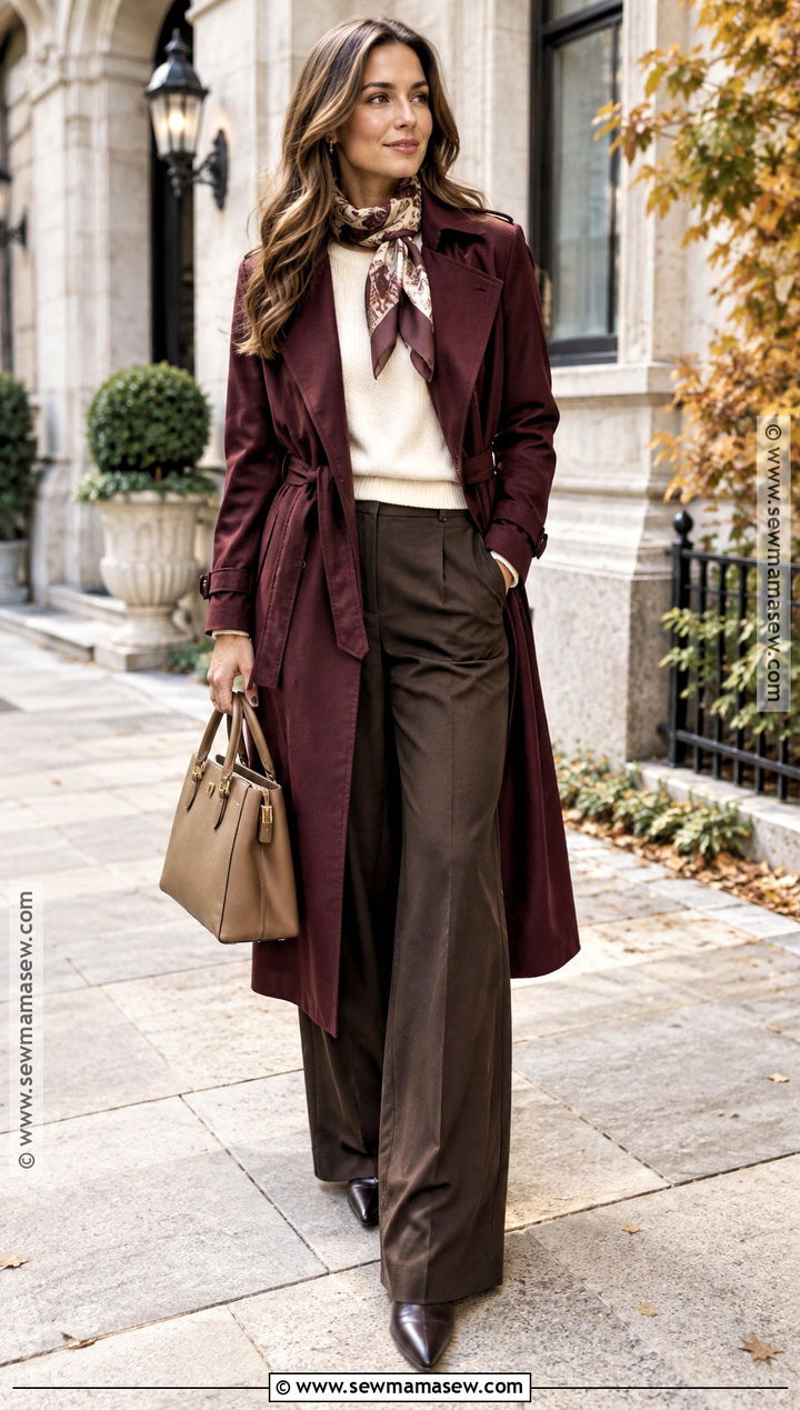 Fall Burgundy Trench With Cream Sweater - 25 fall looks for women outfit ideas