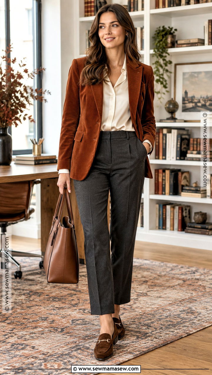 Fall Business Casual Corduroy Blazer and Trousers - 25 Fall Business Casual Outfits for Women