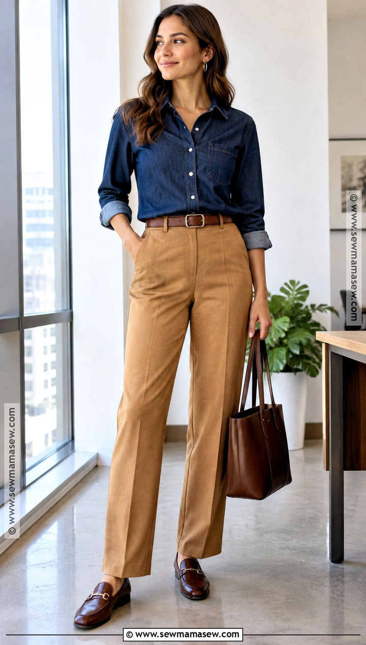 Fall Business Casual Denim Shirt And Neutral Trousers Outfit - 15 2026 Fall Fashion Business Casual Ideas