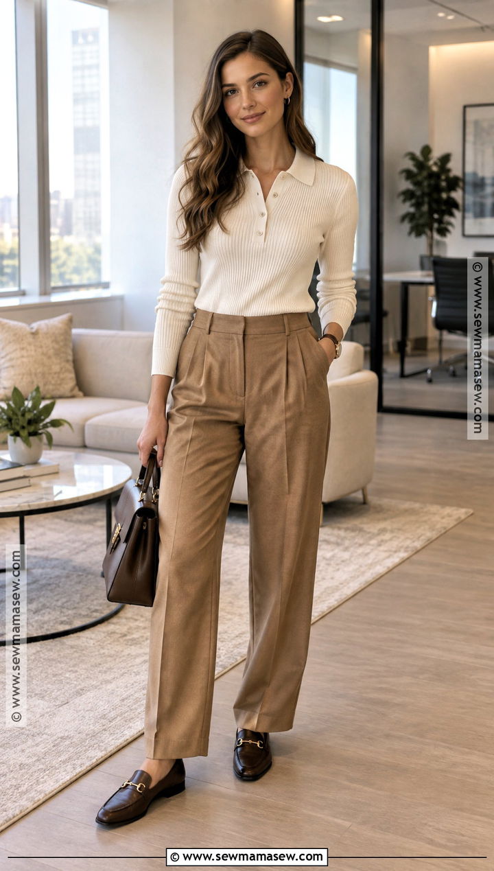 Fall Business Casual Knit Polo And Tailored Pants Outfit - 15 2026 Fall Fashion Business Casual Ideas
